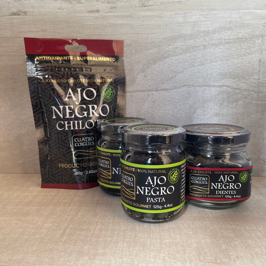 Power Pack: Doypack dientes pelados de ajo negro 80g + Frasco dientes pelados de ajo negro 125gr+ 2 frascos de pasta de ajo negro 125gr.