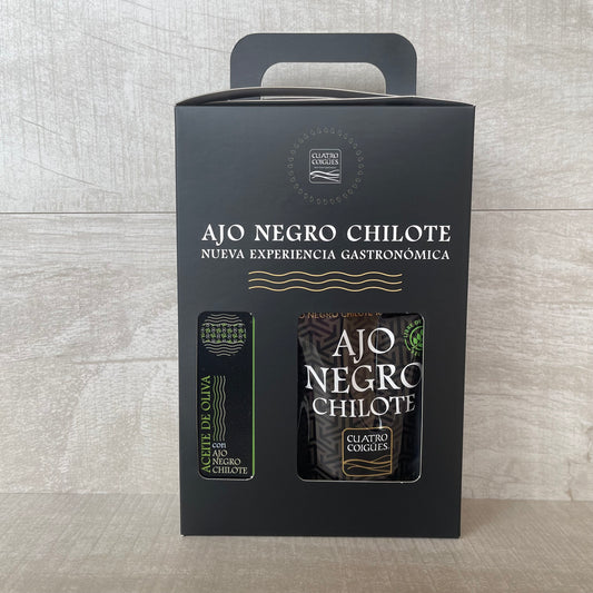 Caja de regalo para toda ocasión: Aceite de oliva emulsionado con extracto de ajo negro + Doypack de dientes pelados de ajo negro 80gr.
